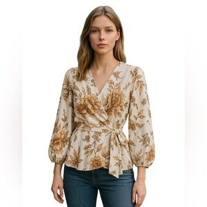 Meraki Cream Bishop Sleeve Wrap Blouse